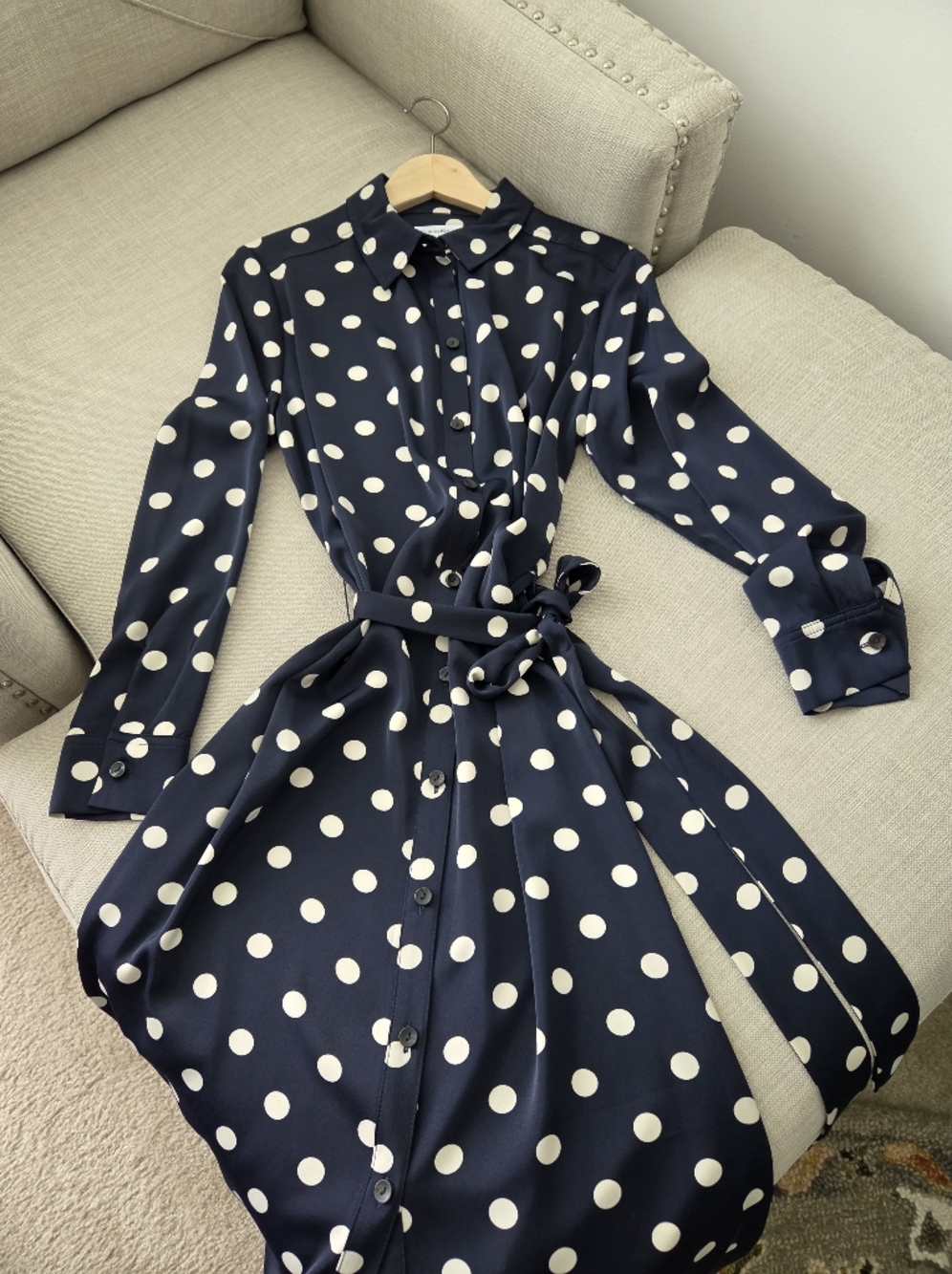 Calvin Klein Navy and White Polka Dot Button-Front Shirt Dress